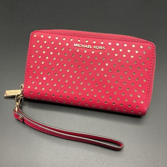 💞 Michael Kors Jet Set Travel Perforated Wallet in Pink and Gold 💞 - Picture 1 of 5